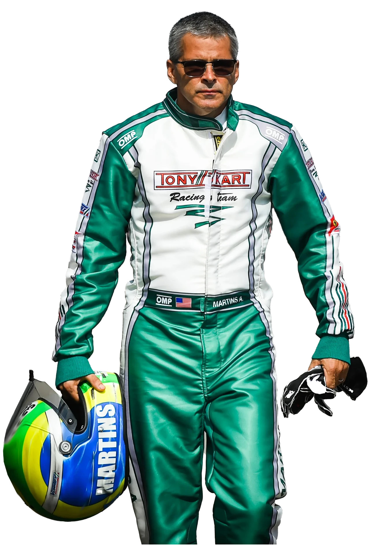 Andre Martins in his Tony Kart Racing Team suit, holding his helmet